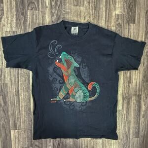 Karani-Art Large Black T-Shirt Colorful Tribal Howling Wolf Graphic 100% Cotton